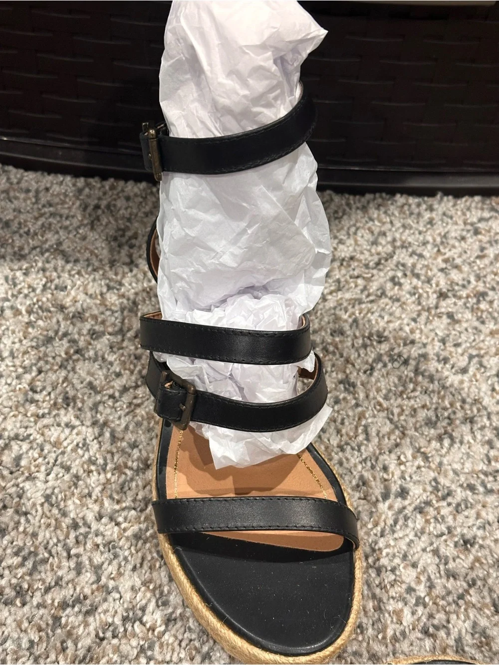 Vionic Black Leather Strappy Espadrille Wedge Sandals